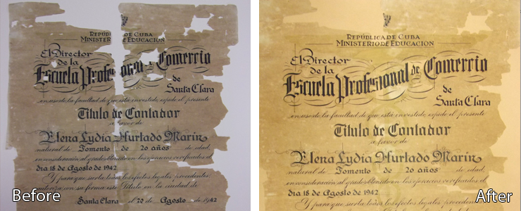 Diploma before and after paper restoration